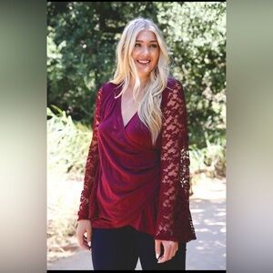 Adiva Lace Sleeve Wrap Blouse - Burgundy